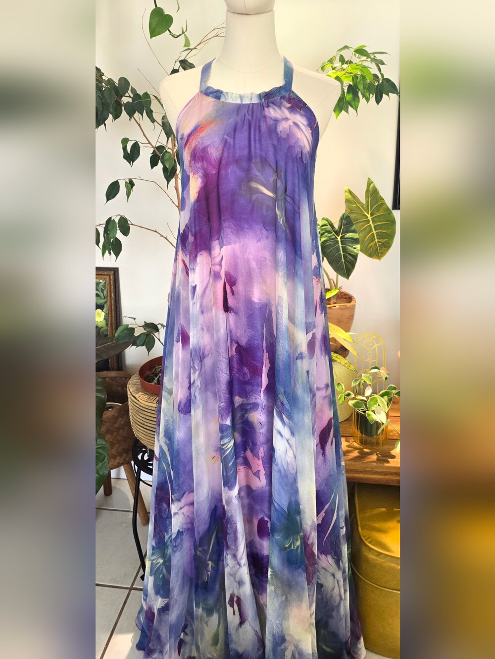 Watercolor Floral Halter Maxi Dress Purple Blue Romantic Boho Wedding Guest